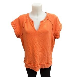 Pilcro x Anthropologie Notch V-Neck Rolled Short Sleeve Sweatshirt Orange Medium